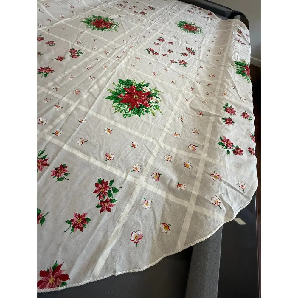 Vintage Christmas Poinsettia Cotton Oblong Tablecloth Holiday Farmhouse 60 X 80